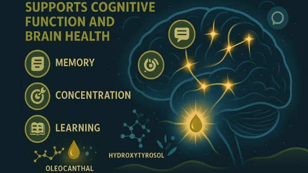 Brain diagram illustrating olive oil’s role in cognitive protection and brain inflammation reduction