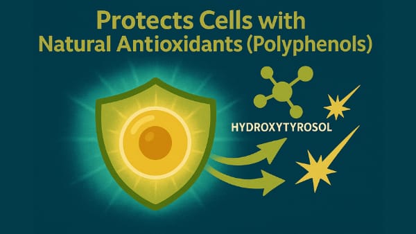 Cellular illustration showing olive oil polyphenols protecting against oxidative damage.