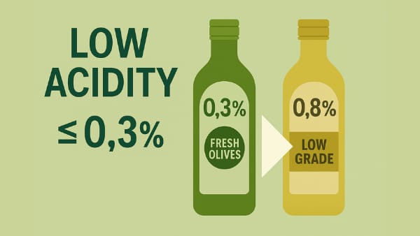 Comparison of olive oils with low vs. high acidity, showing how low acidity reflects better quality.