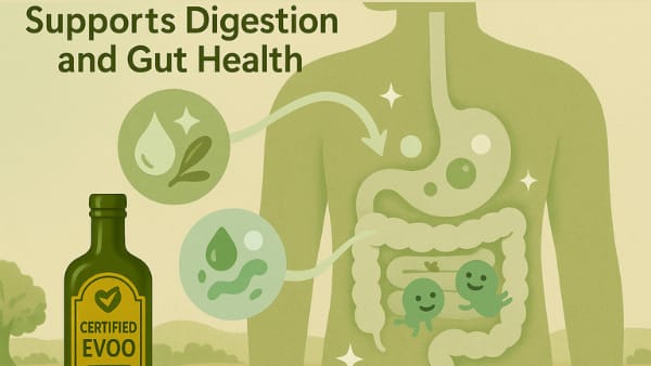 Diagram showing how olive oil boosts digestion, bile flow, and a healthy microbiome