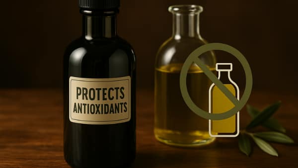 Still life showing dark glass bottle that preserves olive oil freshness and nutrients.