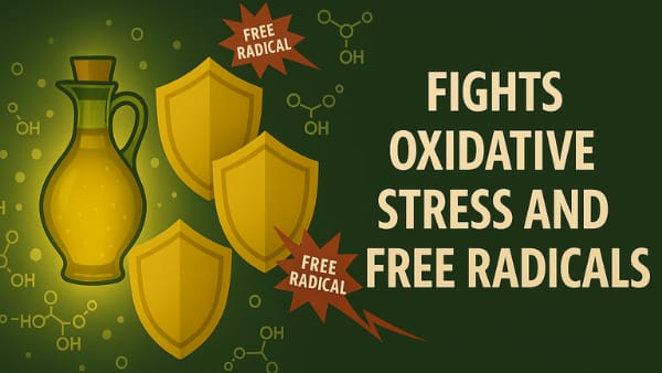 Symbolic image showing antioxidants from olive oil neutralizing free radicals.