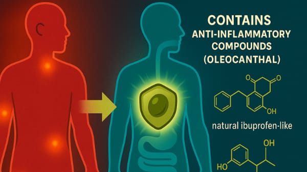Visual showing how oleocanthal reduces inflammation and mimics anti-inflammatory effects naturally.