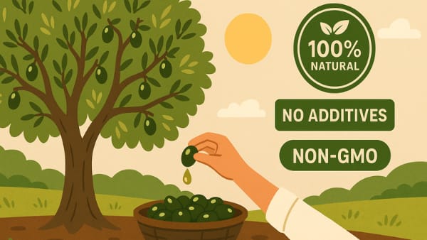 Visual showing pesticide-free olive trees and hand harvesting for chemical-free olive oil.