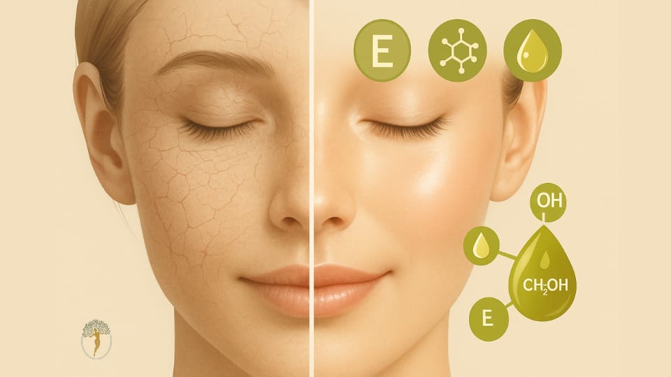 Before-and-after image showing improved skin hydration and elasticity after regularly drinking olive oil